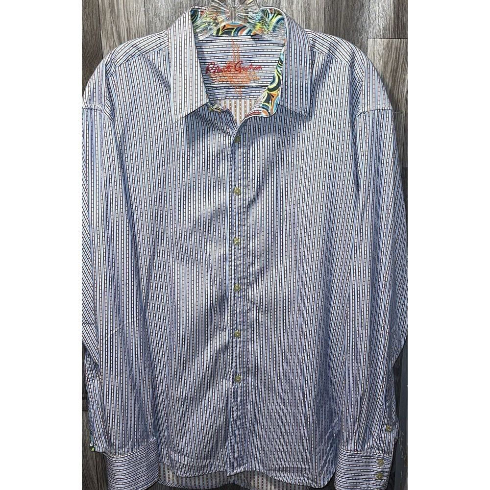 Robert Graham Mens Sz XL Flip Cuff Button Up Front Shirt Blue Striped